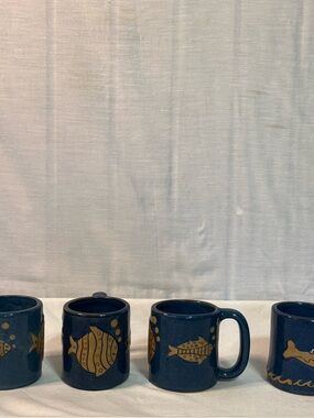 Vintage Rodolfo Padilla Handmade Pottery Fish Mugs Set of 4 Coastal